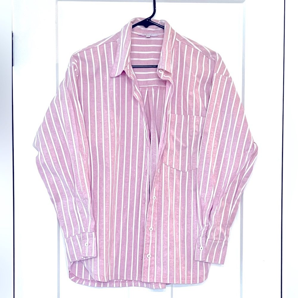 Fashion Nova Casual Times Striped Linen Shirt - Pink/combo Size Small